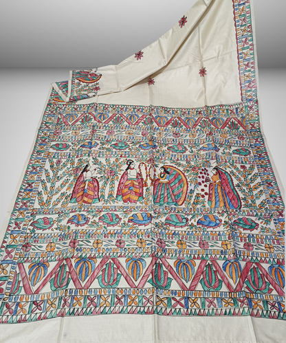 Off-White Hand-Painted Madhubani Pure Tussar Silk Saree | Traditional Village Folk & Lotus Motif Pallu