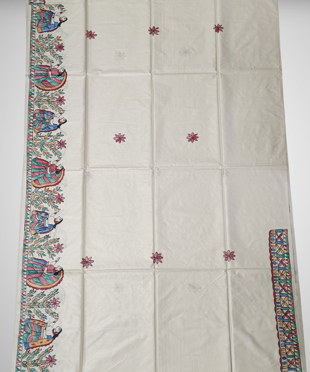 Off-White Hand-Painted Madhubani Pure Tussar Silk Saree | Traditional Village Folk & Lotus Motif Pallu