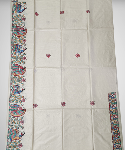 Off-White Hand-Painted Madhubani Pure Tussar Silk Saree | Traditional Village Folk & Lotus Motif Pallu