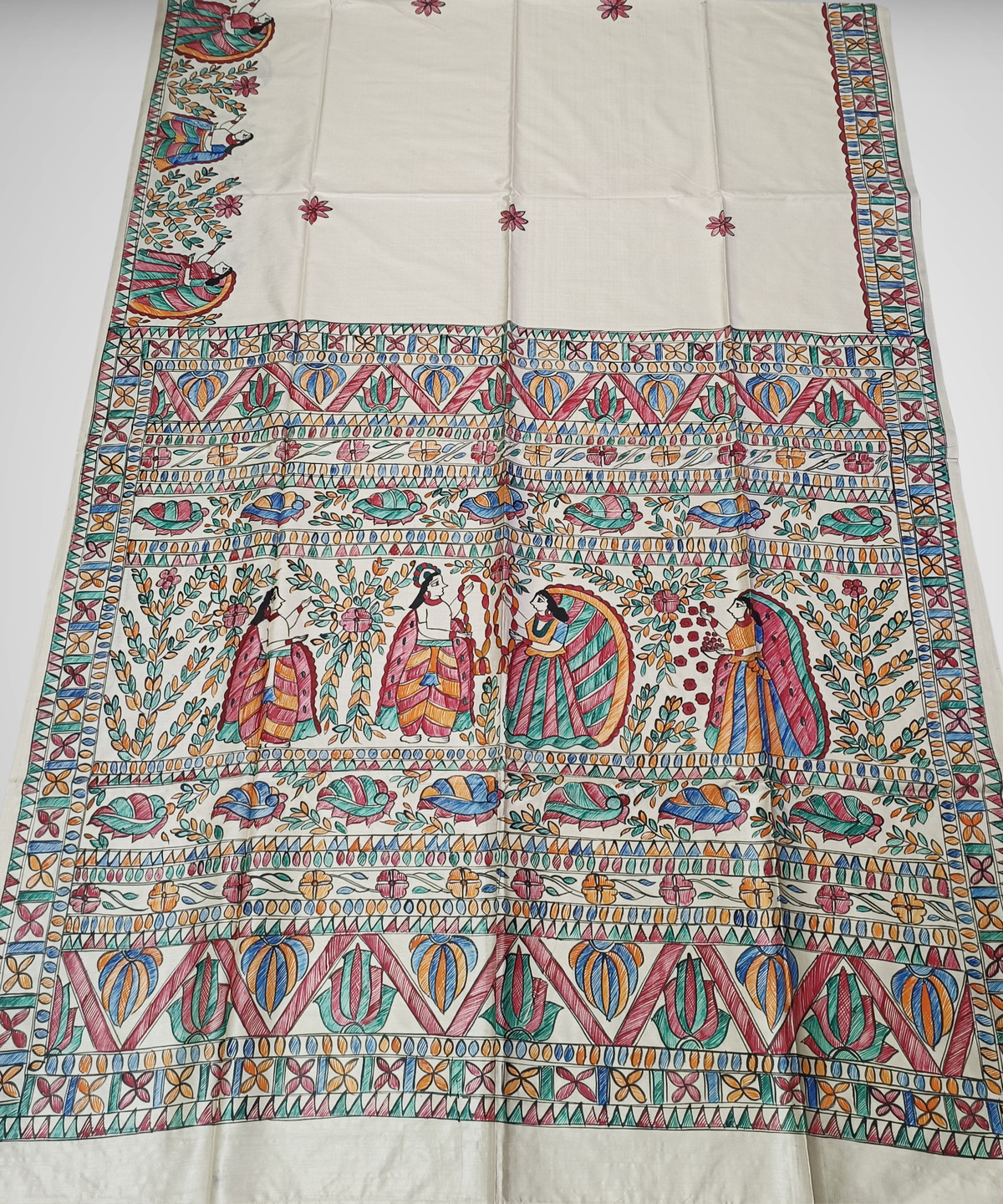 Off-White Hand-Painted Madhubani Pure Tussar Silk Saree | Traditional Village Folk & Lotus Motif Pallu