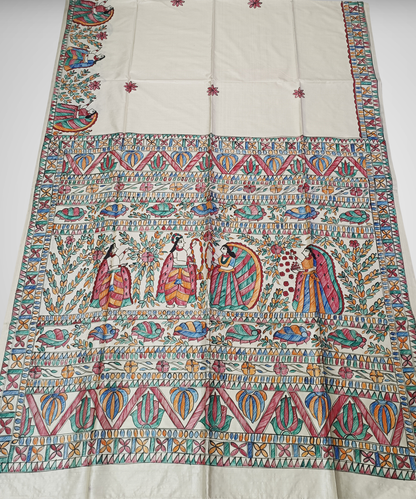 Off-White Hand-Painted Madhubani Pure Tussar Silk Saree | Traditional Village Folk & Lotus Motif Pallu