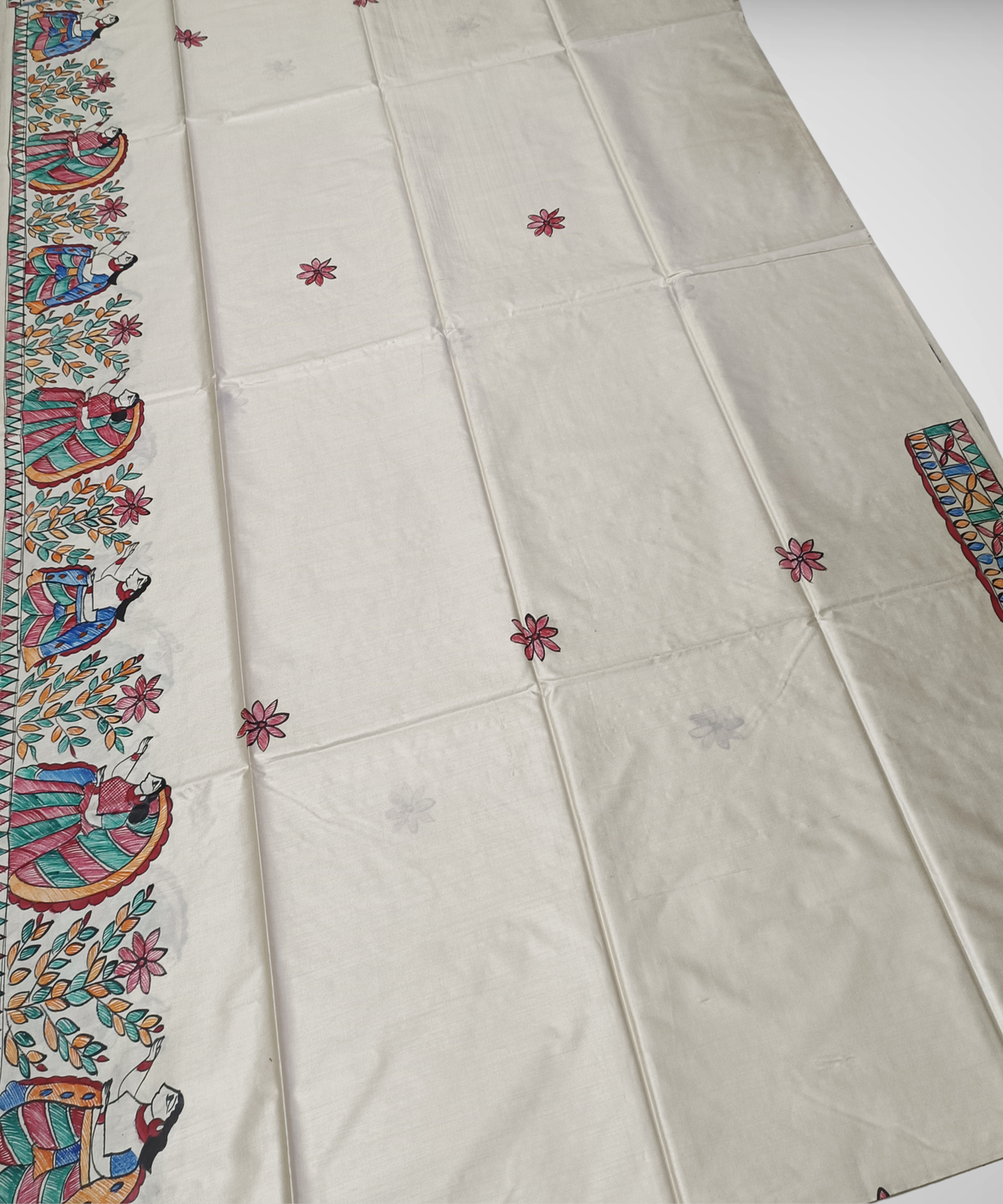Off-White Hand-Painted Madhubani Pure Tussar Silk Saree | Traditional Village Folk & Lotus Motif Pallu