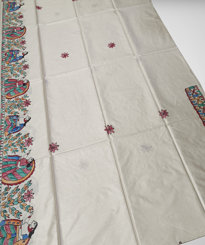 Off-White Hand-Painted Madhubani Pure Tussar Silk Saree | Traditional Village Folk & Lotus Motif Pallu