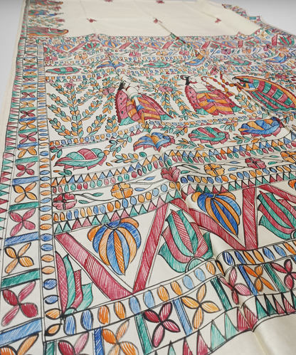 Off-White Hand-Painted Madhubani Pure Tussar Silk Saree | Traditional Village Folk & Lotus Motif Pallu