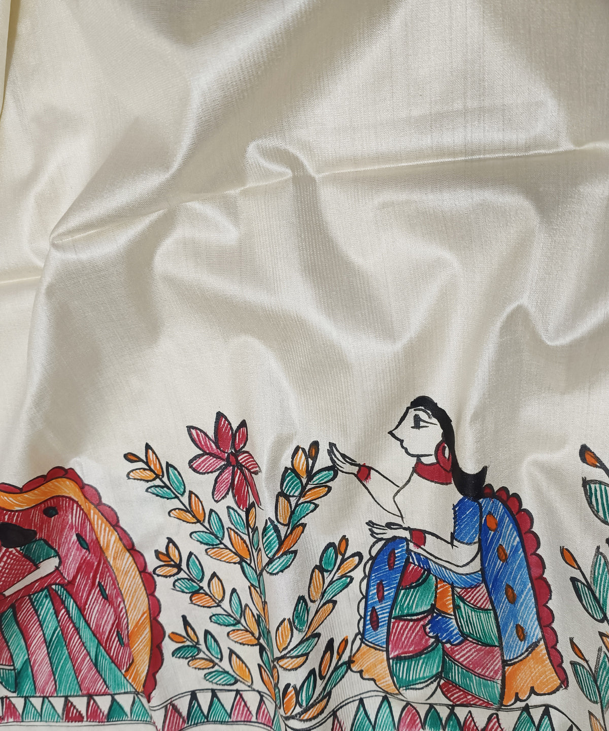 Off-White Hand-Painted Madhubani Pure Tussar Silk Saree | Traditional Village Folk & Lotus Motif Pallu