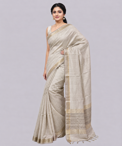 Off-White Handloom Tussar Moonga Silk Saree with Antique Gold Temple Zari Border