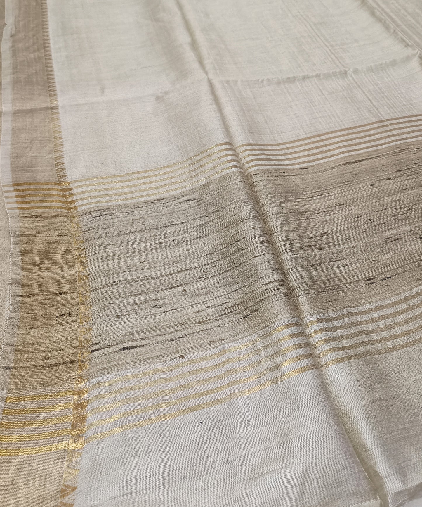Off-White Handloom Tussar Moonga Silk Saree with Antique Gold Temple Zari Border