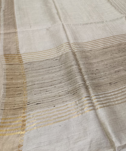Off-White Handloom Tussar Moonga Silk Saree with Antique Gold Temple Zari Border