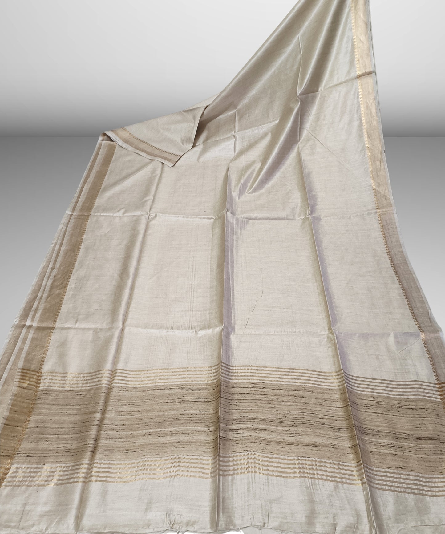 Off-White Handloom Tussar Moonga Silk Saree with Antique Gold Temple Zari Border