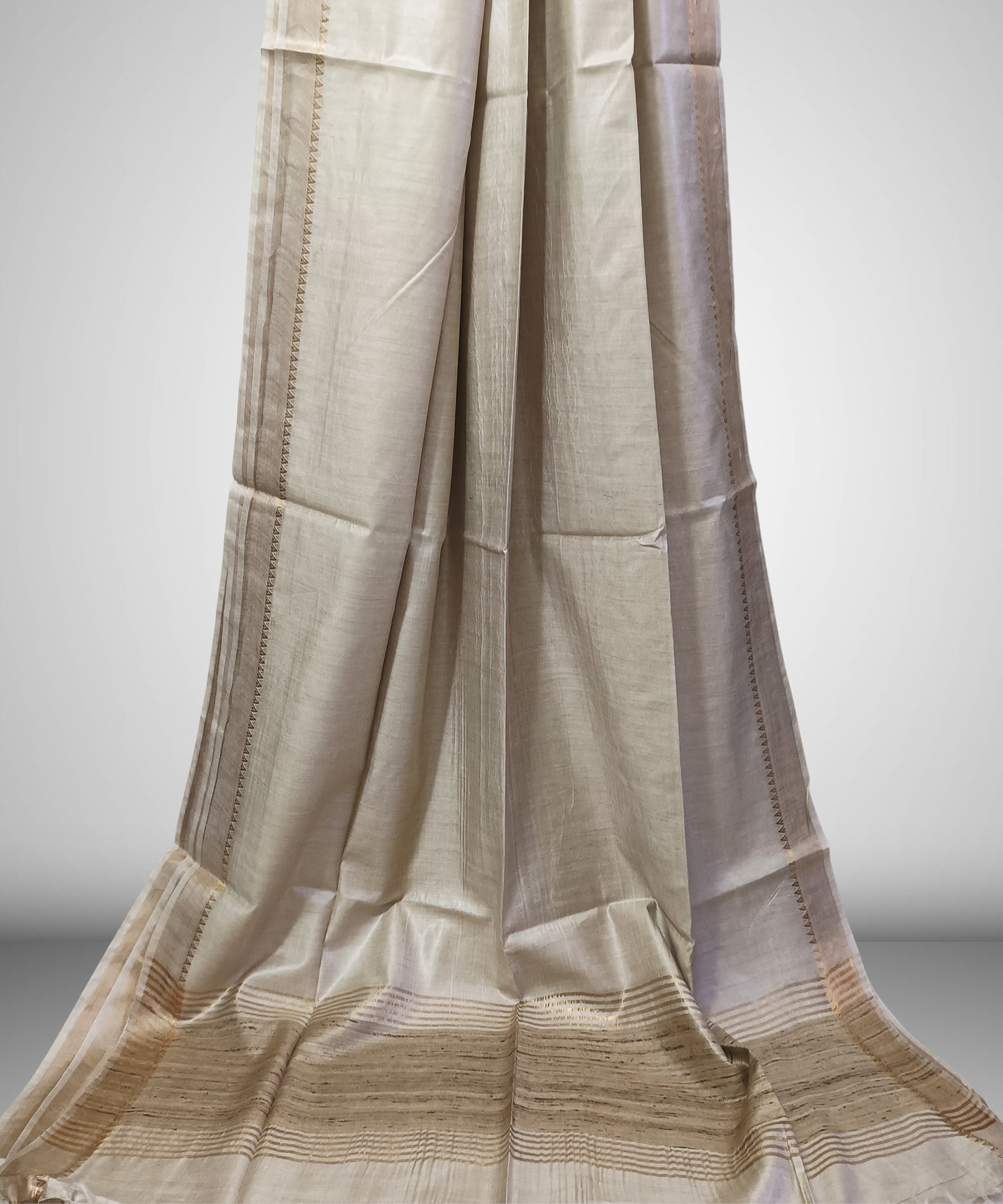Off-White Handloom Tussar Moonga Silk Saree with Antique Gold Temple Zari Border