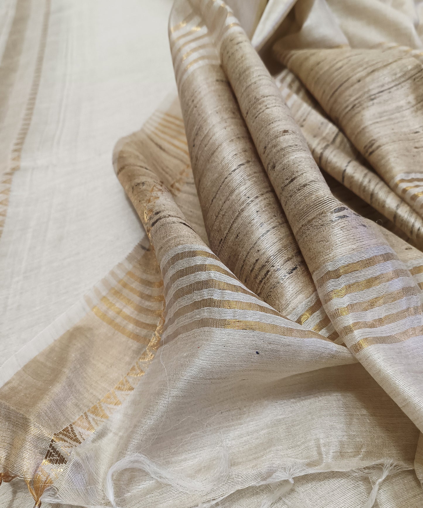 Off-White Handloom Tussar Moonga Silk Saree with Antique Gold Temple Zari Border