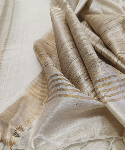 Off-White Handloom Tussar Moonga Silk Saree with Antique Gold Temple Zari Border