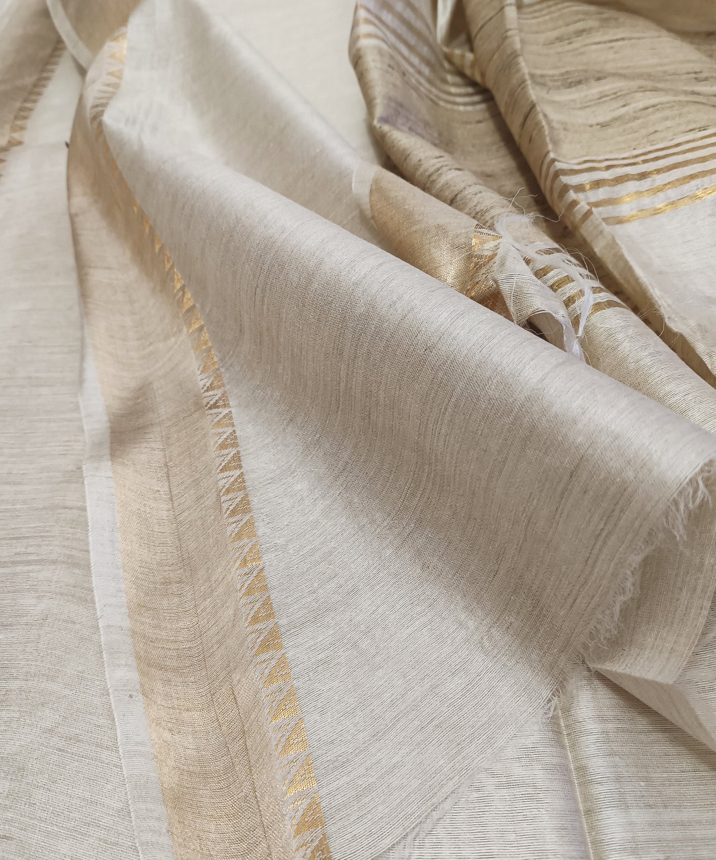 Off-White Handloom Tussar Moonga Silk Saree with Antique Gold Temple Zari Border