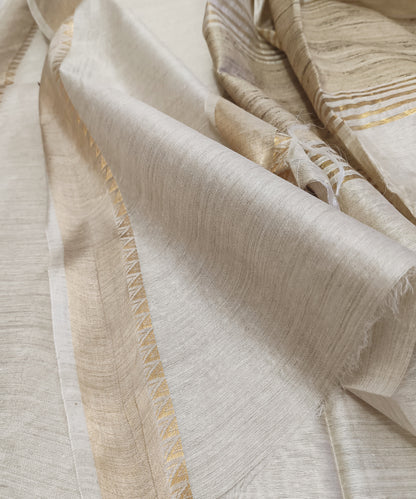 Off-White Handloom Tussar Moonga Silk Saree with Antique Gold Temple Zari Border