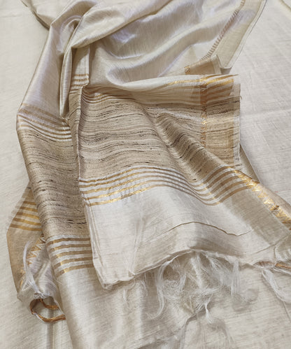 Off-White Handloom Tussar Moonga Silk Saree with Antique Gold Temple Zari Border