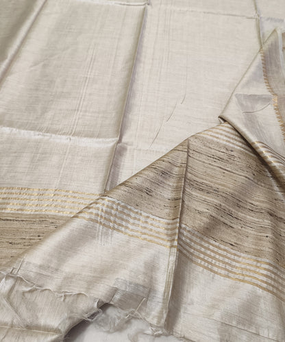 Off-White Handloom Tussar Moonga Silk Saree with Antique Gold Temple Zari Border