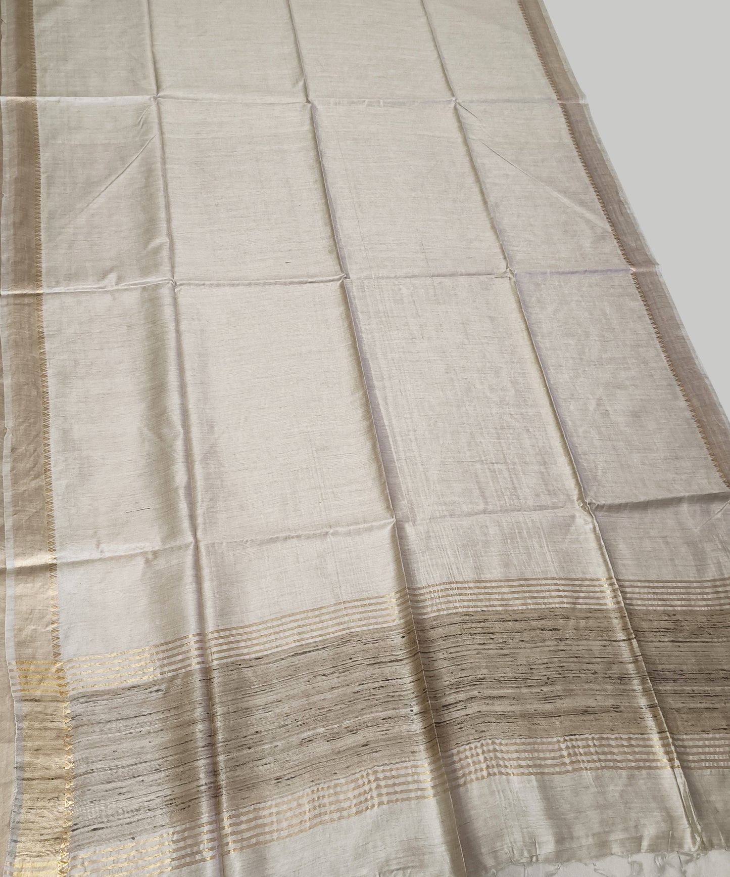 Off-White Handloom Tussar Moonga Silk Saree with Antique Gold Temple Zari Border