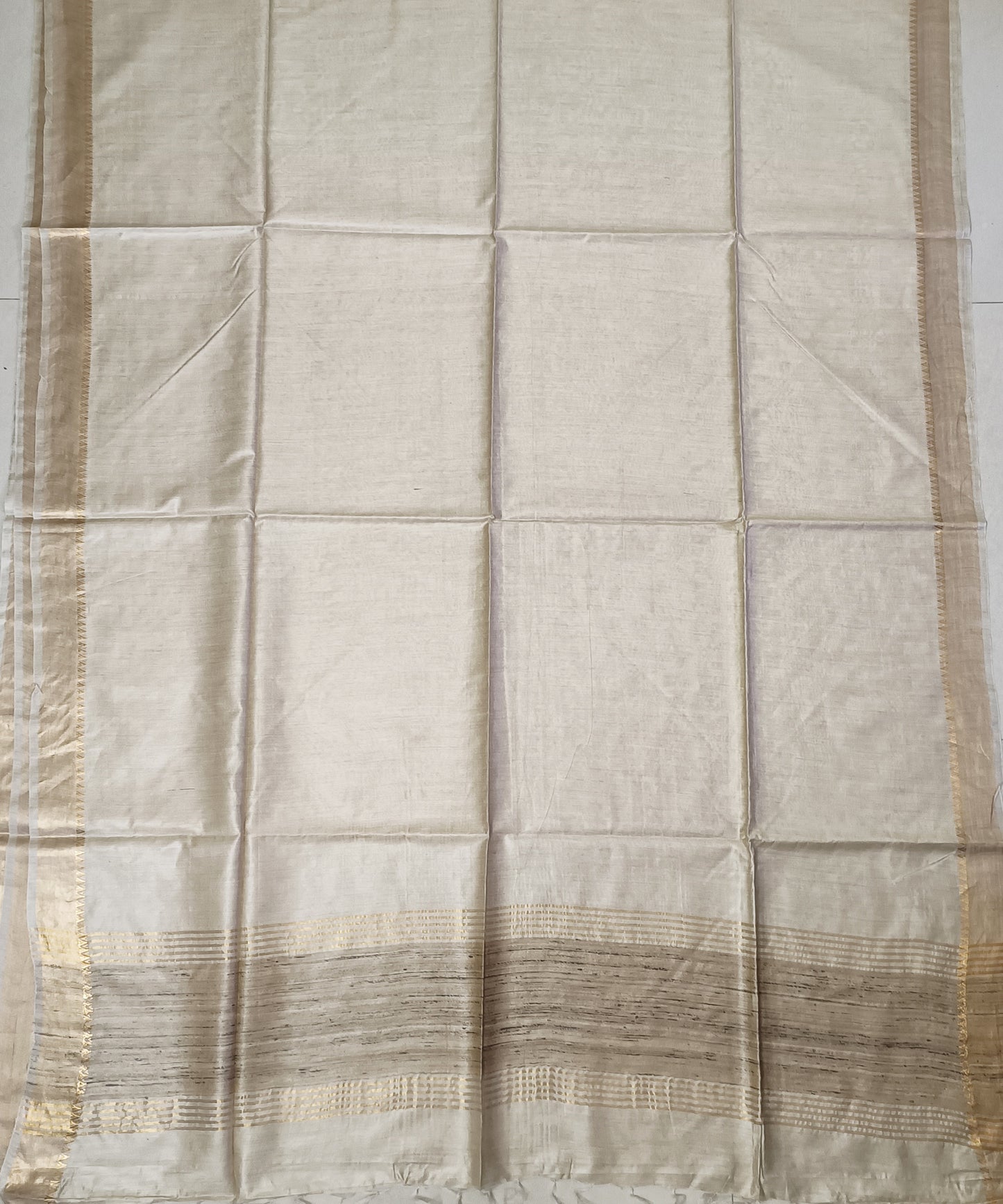 Off-White Handloom Tussar Moonga Silk Saree with Antique Gold Temple Zari Border