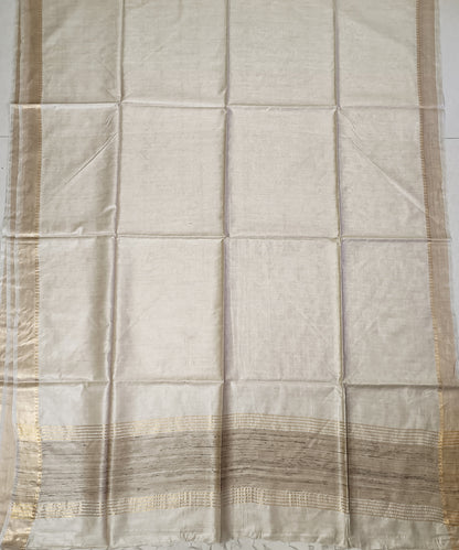 Off-White Handloom Tussar Moonga Silk Saree with Antique Gold Temple Zari Border