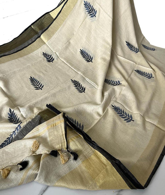 Off-White Leaf Embroidered Linen Saree | Peepal Clothing