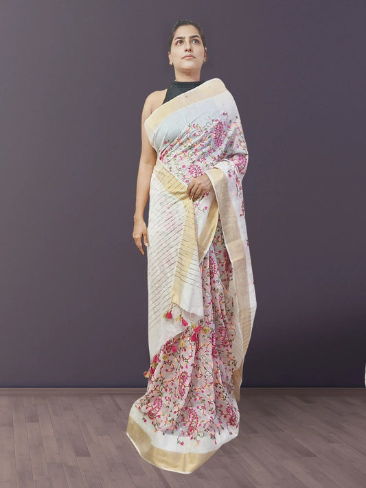 Off-white Embroidered Silk Linen Saree