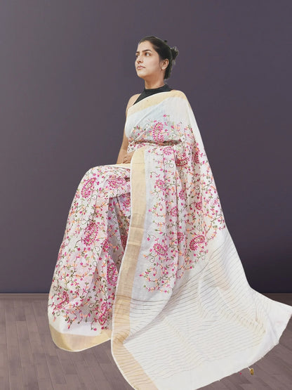 Off-white Embroidered Silk Linen Saree
