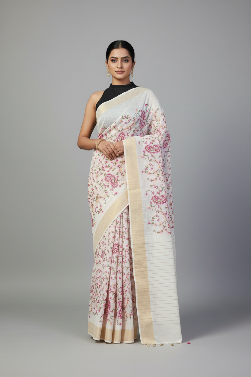 Off-white Embroidered Silk Linen Saree