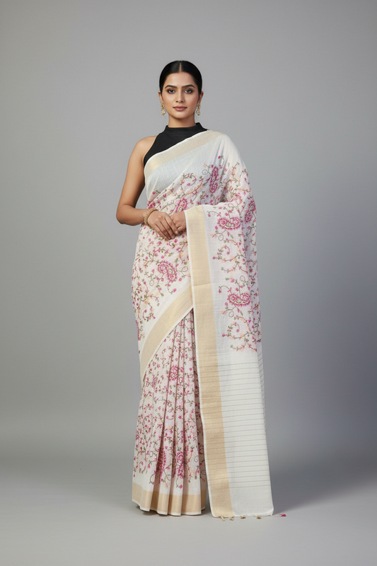 Off-white Embroidered Silk Linen Saree