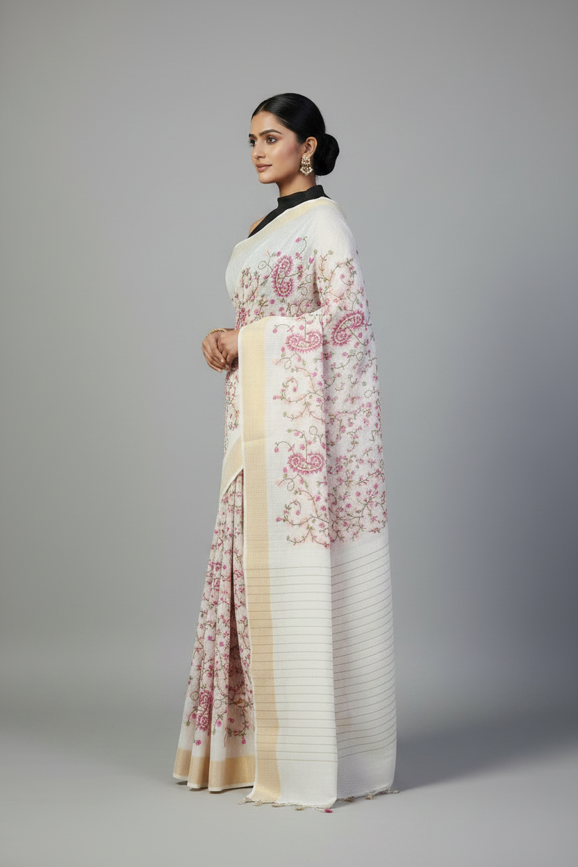 Off-white Embroidered Silk Linen Saree