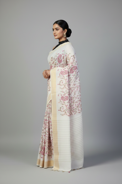Off-white Embroidered Silk Linen Saree