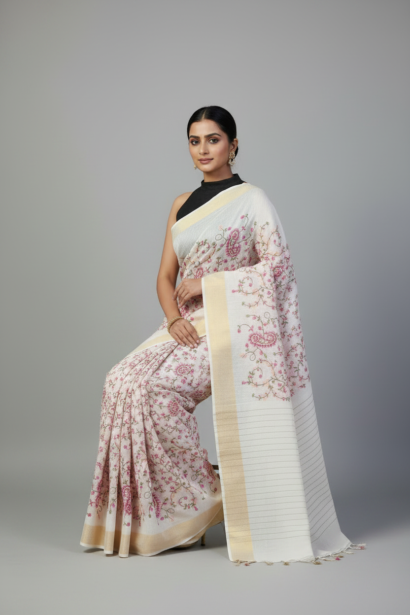 Off-white Embroidered Silk Linen Saree