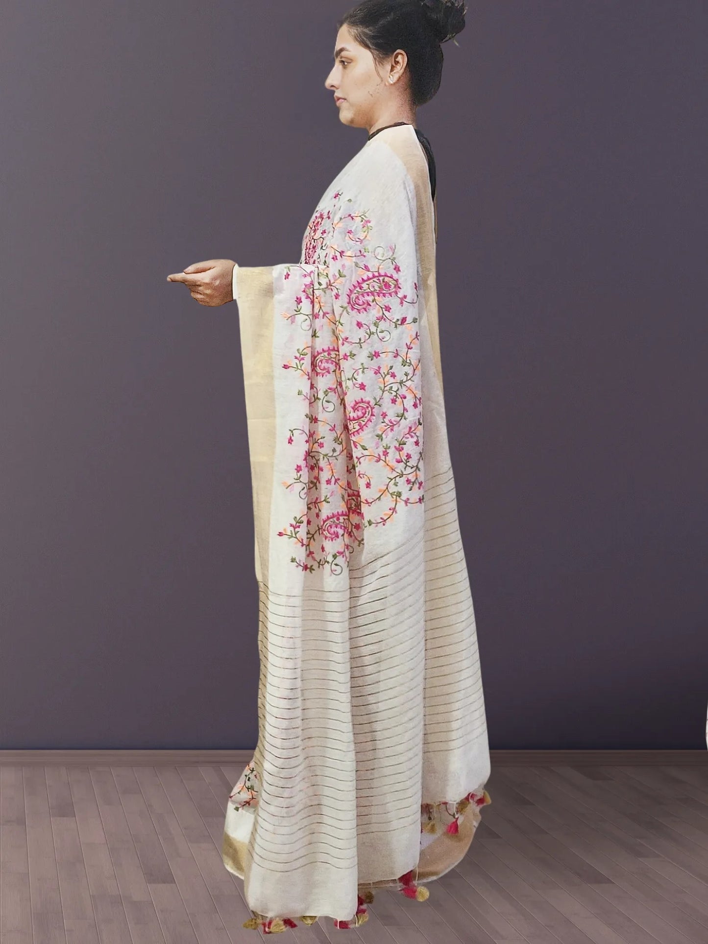 Off-white Embroidered Silk Linen Saree