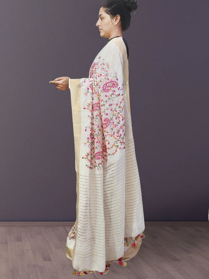 Off-white Embroidered Silk Linen Saree