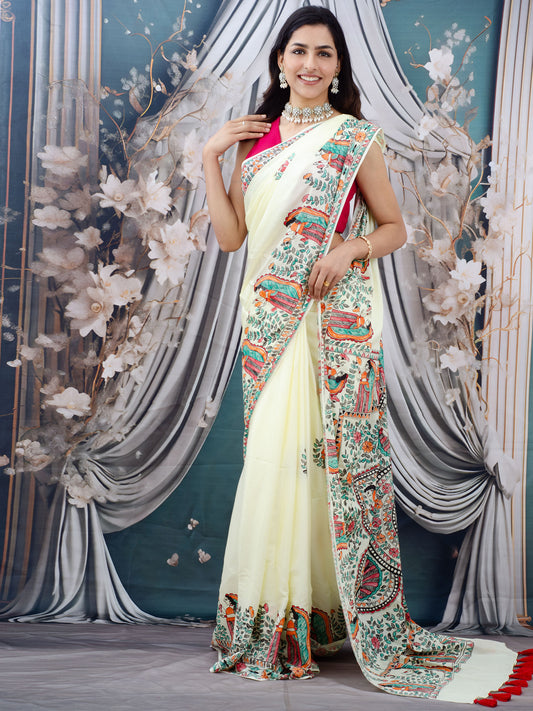 Off-white Madhubani Hand Painted Natural Crepe Saree