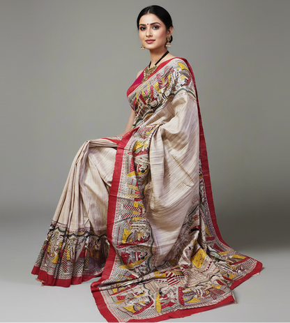 Off-white Radha-Krishna Motif Tussar Ghicha Printed Silk Saree
