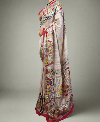 Off-white Radha-Krishna Motif Tussar Ghicha Printed Silk Saree