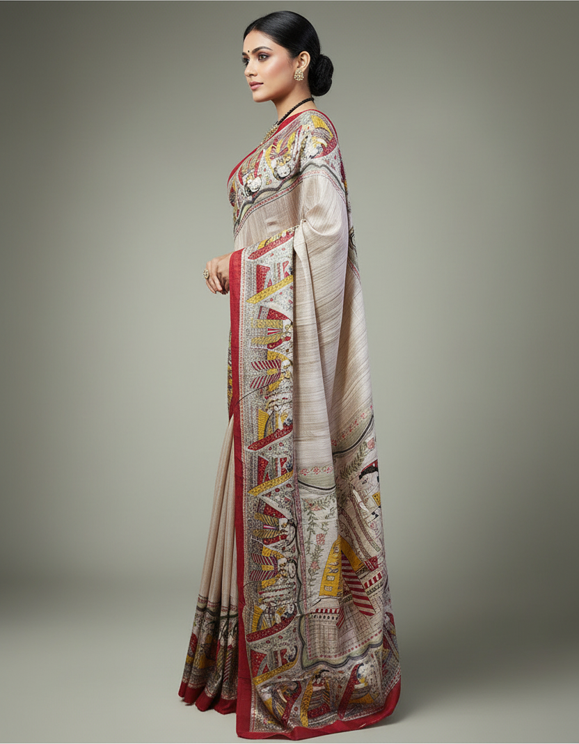 Off-white Radha-Krishna Motif Tussar Ghicha Printed Silk Saree