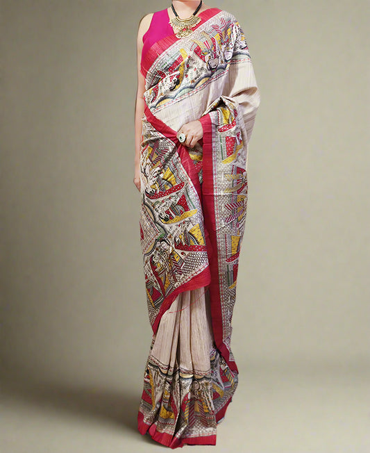 Off-white Radha-Krishna Motif Tussar Ghicha Printed Silk Saree