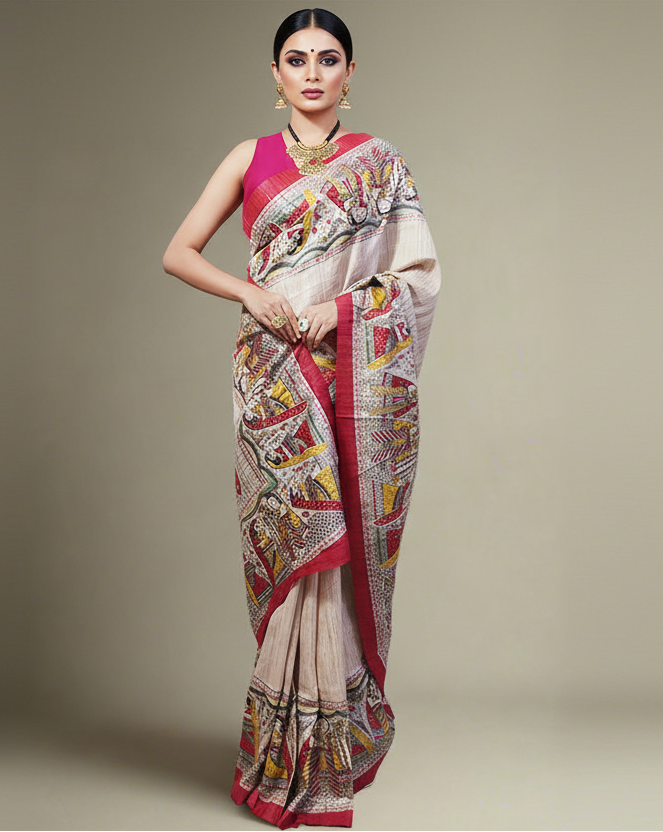 Off-white Radha-Krishna Motif Tussar Ghicha Printed Silk Saree