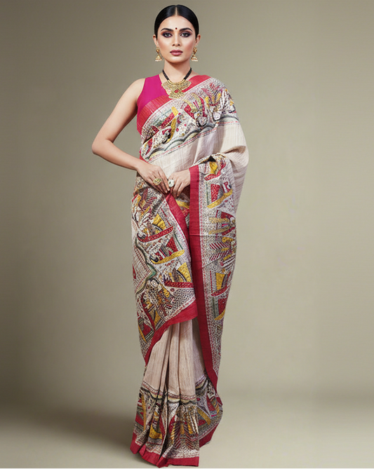 Off-white Radha-Krishna Motif Tussar Ghicha Printed Silk Saree
