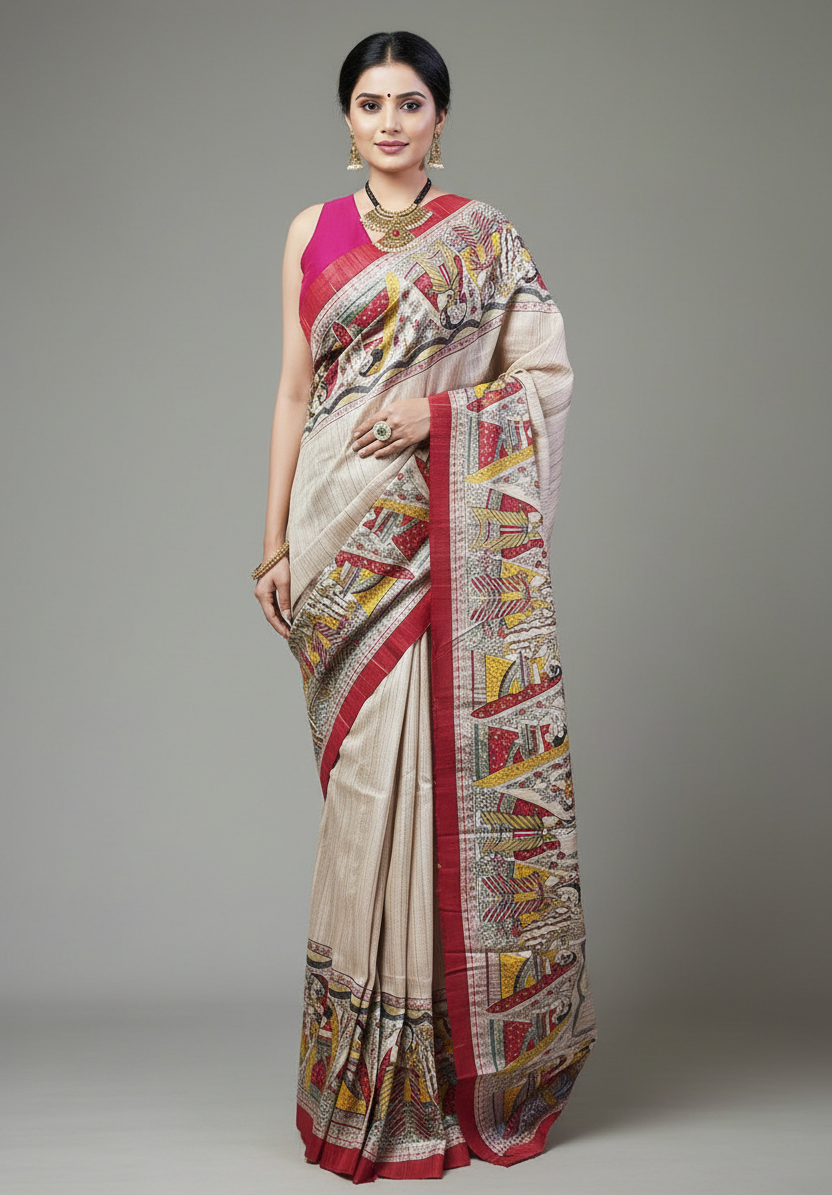 Off-white Radha-Krishna Motif Tussar Ghicha Printed Silk Saree