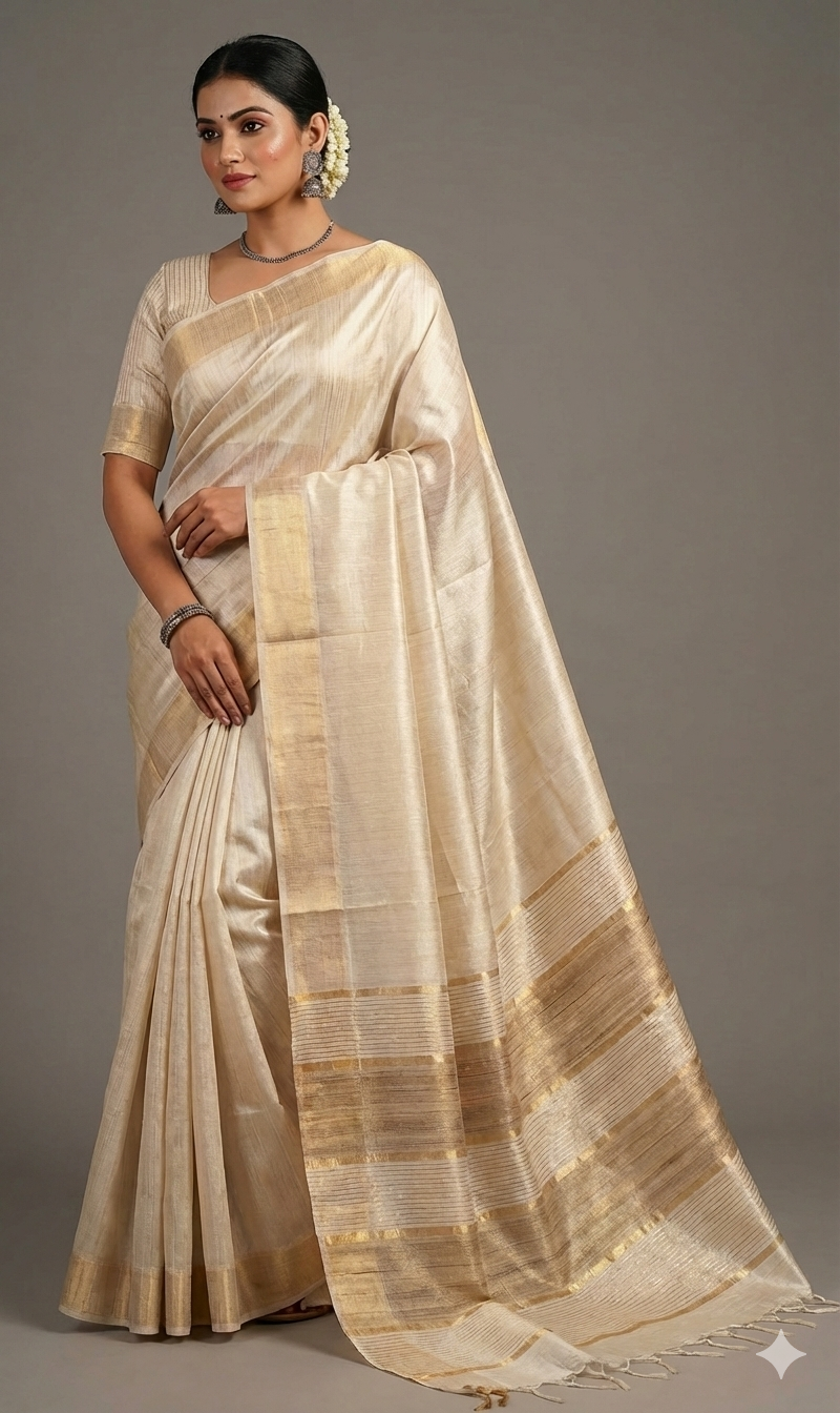 Off-white Staple Body Saree with Ghicha Silk Pallu