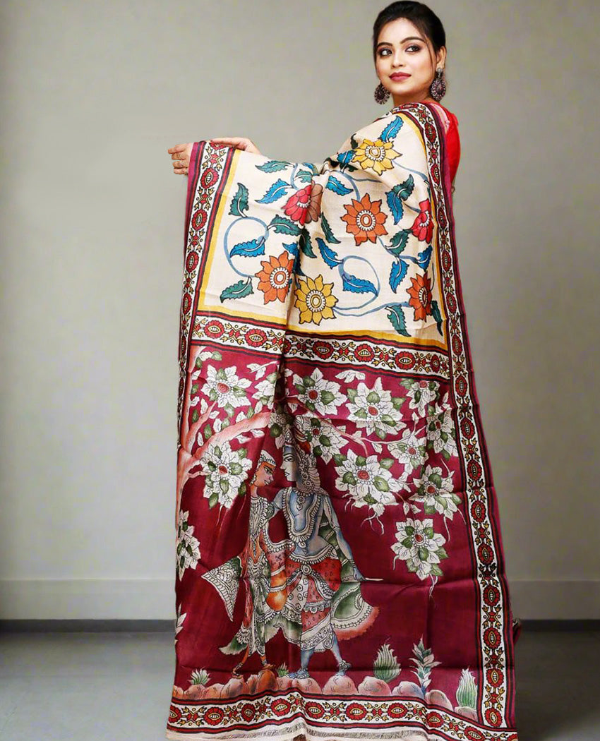 Off-white Floral Motif Kalamkari Silk Saree