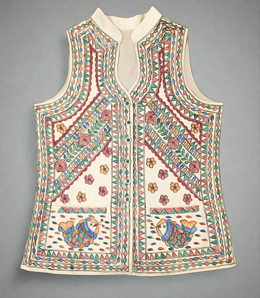 Off-white Hand-Painted Madhubani Cotton Waistcoat for Women | Peepal Clothing