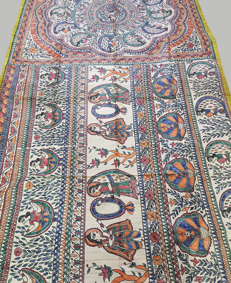 Olive Half & Half Madhubani Hand Painted Pure Tussar Ghicha Silk Saree