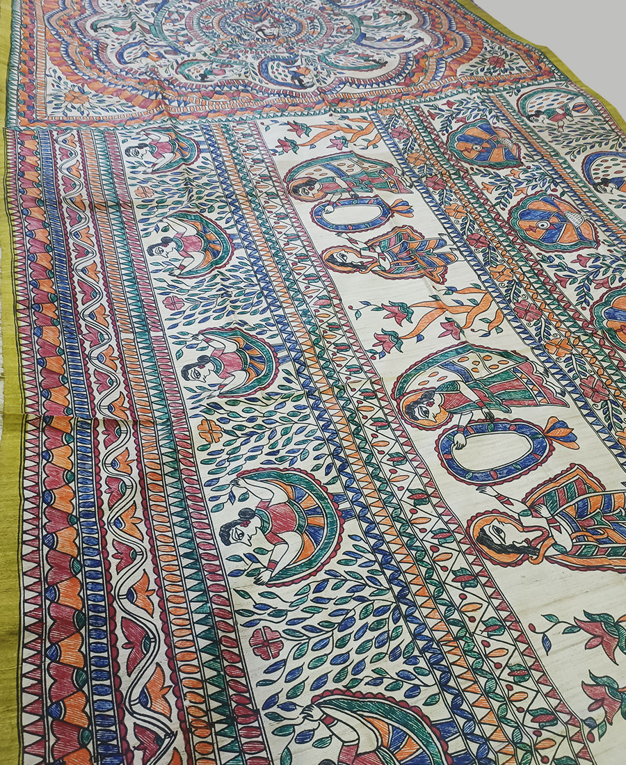 Olive Half & Half Madhubani Hand Painted Pure Tussar Ghicha Silk Saree