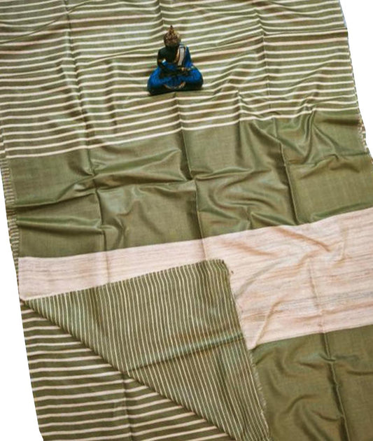 Olive Striped Tusser Ghicha Silk Saree |Peepal Clothing