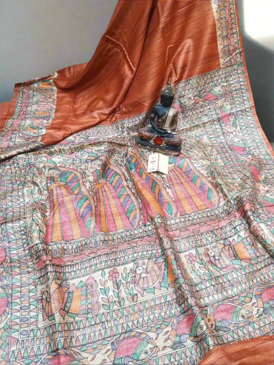 Orange Madhubani Hand Painted Saree