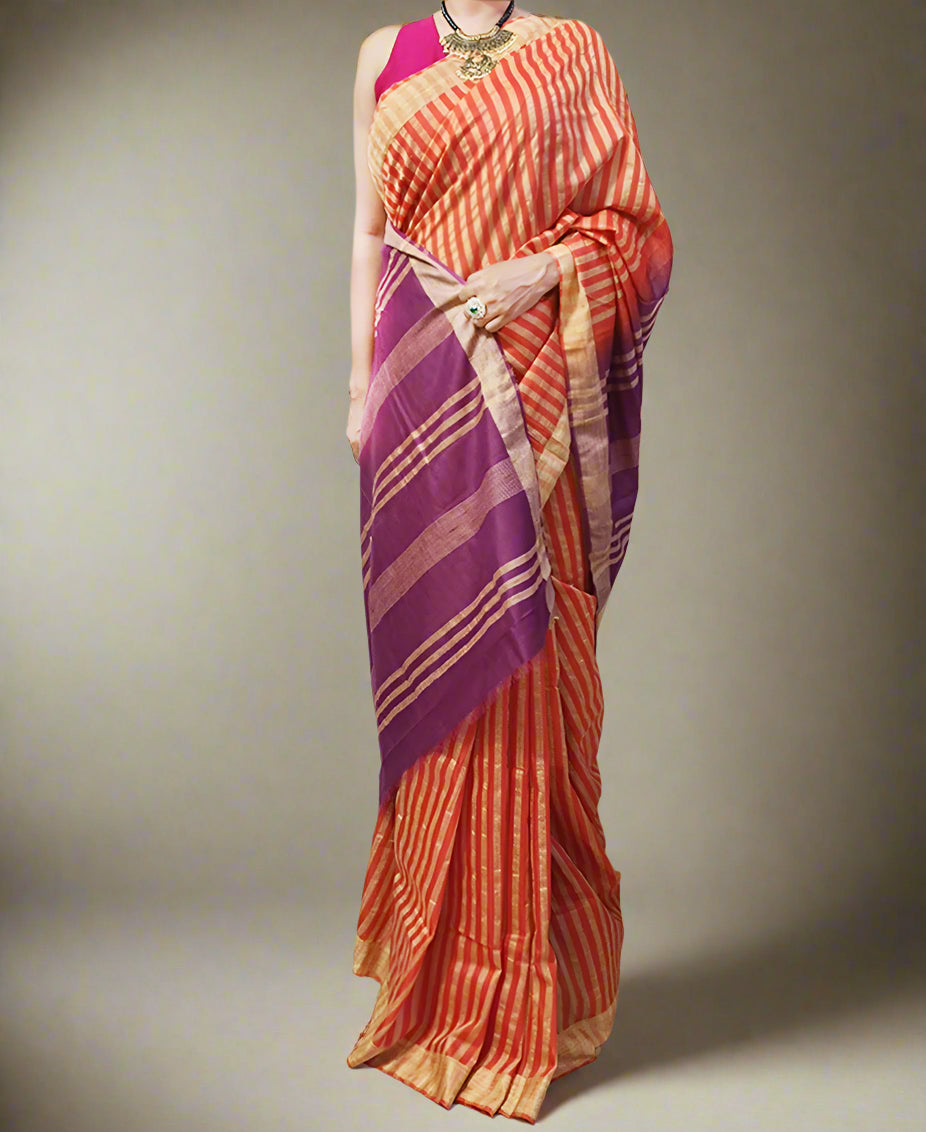 Orange Striped Kota Silk Saree