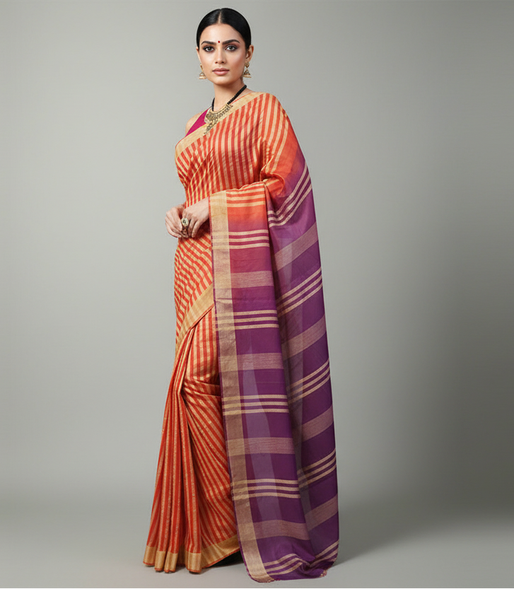 Orange Striped Kota Silk Saree